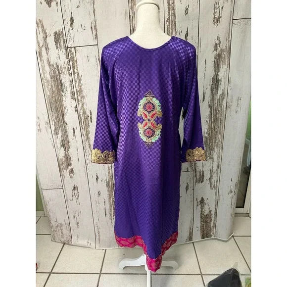 Boho Indian Style Dress Purple/Pink/Teal/Gold Check Measurements - Picture 3 of 6
